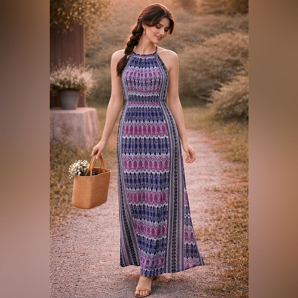 CB Established 1962 Geometric Bohemian Ikat Halter Key Hole 14P Maxi Dress